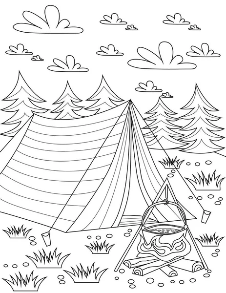 Coloring Page Tent Placed Nature Opened Fire Clouds Sky — 스톡 벡터