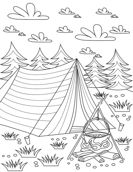 Coloring Page With Tent Placed In Nature With Opened Fire And Clouds In Sky