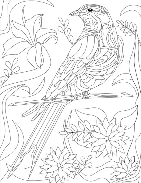 Coloring Page Standing Parrot Different Flowers Background — Vector de stock