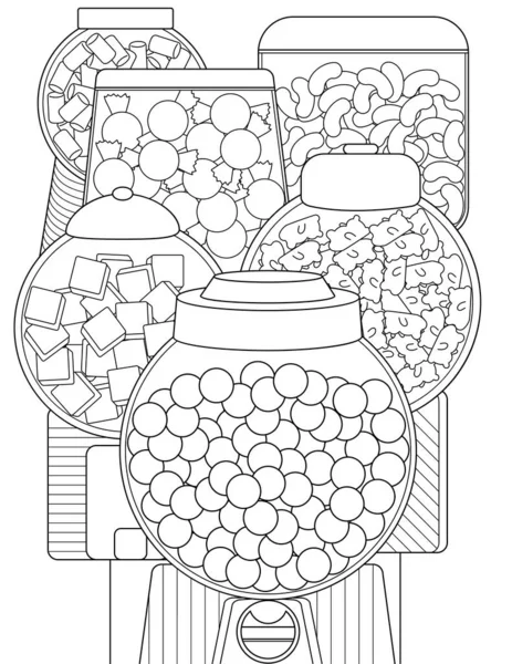 Coloring Page Variuos Candies Different Jars Vending Machine — стоковий вектор