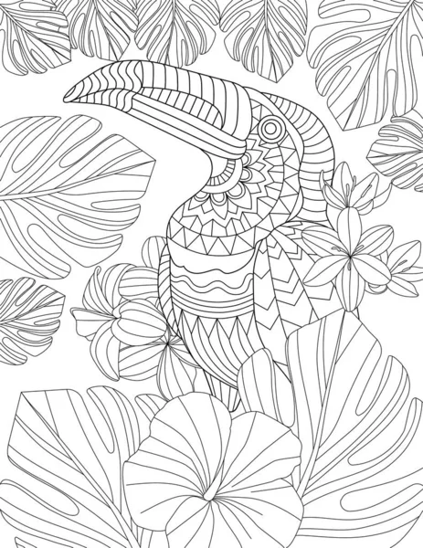 Coloring Page Standing Parrot Different Flowers Background — стоковый вектор
