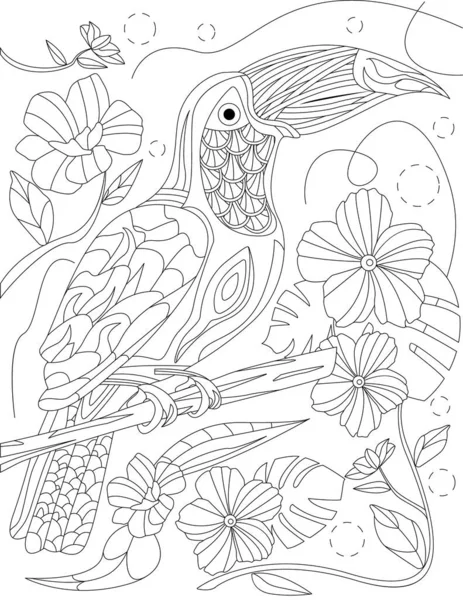 Coloring Page Standing Parrot Different Flowers Background — Stock vektor