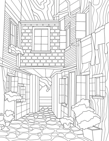 Coloring Book Page Old Buildings Clothes Balconies — стоковый вектор