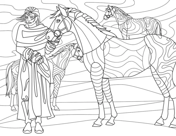 Coloring Book Page Man Surrounded Three Horses Desert —  Vetores de Stock