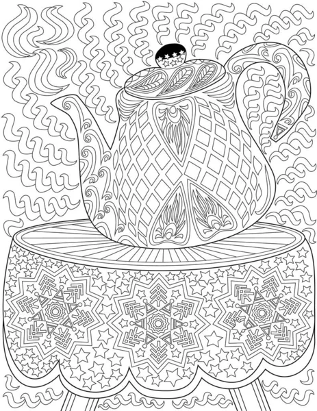 Coloring Book Page Teapot Table Cloth Snowflakes Design — стоковый вектор
