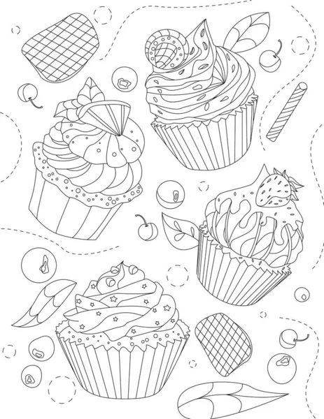 Coloring Book Page Different Cupcakes Fruits Leaves Back — Stok Vektör