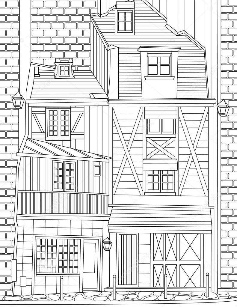 Coloring Page With Big, Old Wooden House With Lanterns Around.