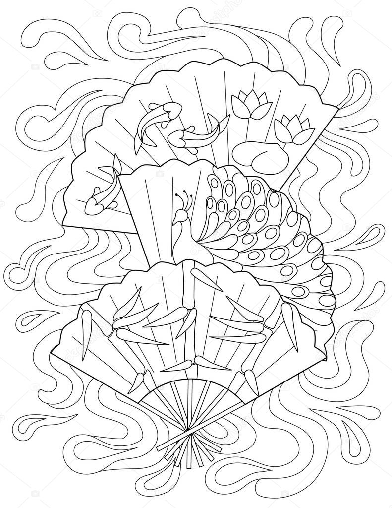 Coloring Book Page With Three Hand Fans With Different Designs.