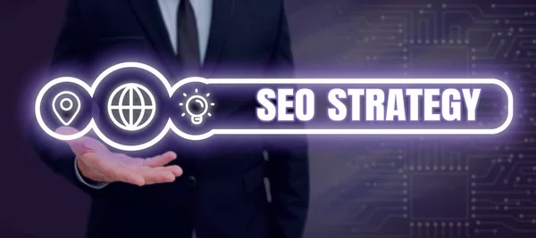 Hand Writing Sign Seo Strategy Business Showcase Techniques Tactics Increase — Stockfoto