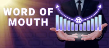 Inspiration showing sign Word Of Mouth, Business approach Oral spreading of information Storytelling Viva Voice Businessman Holding Growth Graph Over Hands And Showing New Data.