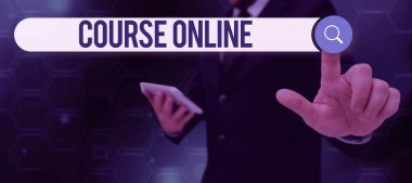 Sign displaying Course Online, Word for eLearning Electronic Education Distant Study Digital Class Businessman in suit holding tablet symbolizing successful teamwork.