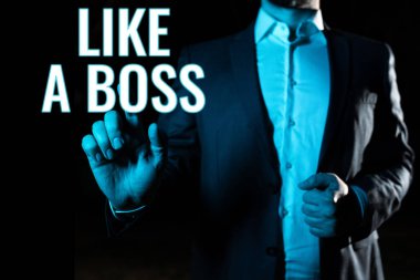 Conceptual caption Like A Boss, Internet Concept Acting as if you are the one giving orders in job or situation Businessman Pointing Important Infortmations With One Finger.