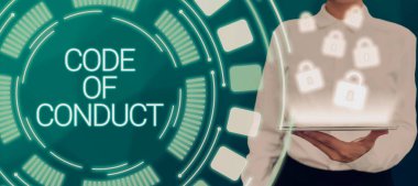 Conceptual display Code Of Conduct, Concept meaning Ethics rules moral codes ethical principles values respect Smart Man Having Tablet In Hands And Presenting Smart Technology