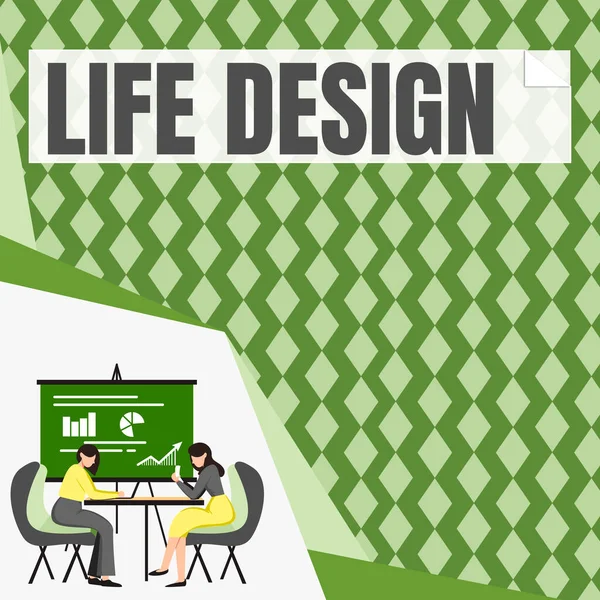 Conceptual caption Life Design, Business overview balance how you live between work family and entertaining Colleagues Sitting On Desk With Laptop Papers Showing Graphs Conversation