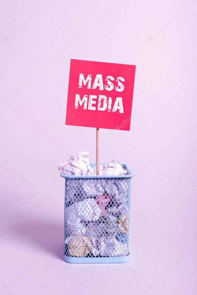 Conceptual display Mass Media, Business concept Group showing making news to the public of what is happening Case Full Of Paper Wraps And Important Message Pinned On Stick.
