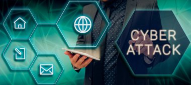 Writing displaying text Cyber Attack, Business approach An attempt by hackers to Damage Destroy a Computer System Businessman Holding Tablet And Pen Presenting Marketing Strategy.