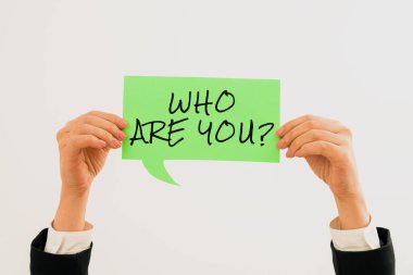 Handwriting text Who Are You, Internet Concept Introduce Identify yourself personality likes dislikes Businesswoman Holding Speech Bubble With Important Messages.