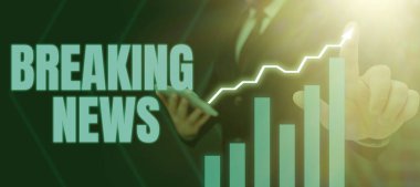 Text sign showing Breaking News, Business idea Special Report Announcement Happening Current Issue Flashnews Lady in suit holding pen symbolizing successful teamwork accomplishments.