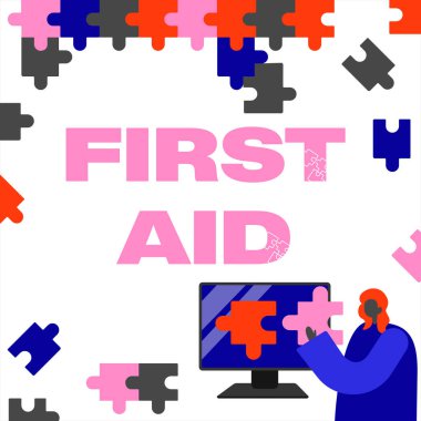 Inspiration showing sign First Aid, Business idea Practise of healing small cuts that no need for medical training Lady Holding Puzzle Piece Representing Innovative Problem Solving Ideas.