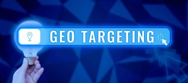 Text sign showing Geo Targeting, Word for Digital Ads Views IP Address Adwords Campaigns Location Woman Holding Light With Digital Map Pin And Locating Direction.