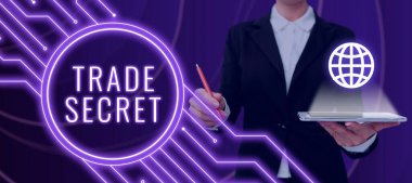 Inspiration showing sign Trade Secret, Business showcase Confidential information about a product Intellectual property Woman With A Tablet On Hand Showing A Globe Symbol And Holding A Pen.