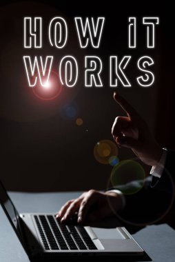 Sign displaying How It Works, Concept meaning Used to asked about on What Way or manner By What Means Man Typing On Lap Top And Woman Pointing With One Finger On Important News.