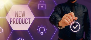 Writing displaying text New Product, Business showcase goods and services that differ in their characteristics Businessman in suit holding notepad symbolizing successful teamwork.