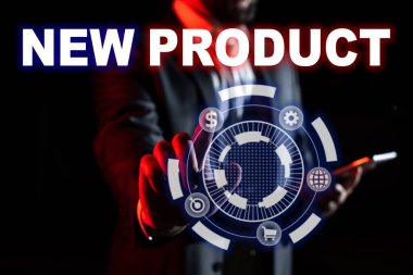 Text caption presenting New Product, Business concept goods and services that differ in their characteristics Man Holding Tablet And Pointing With One Finger On Important Message