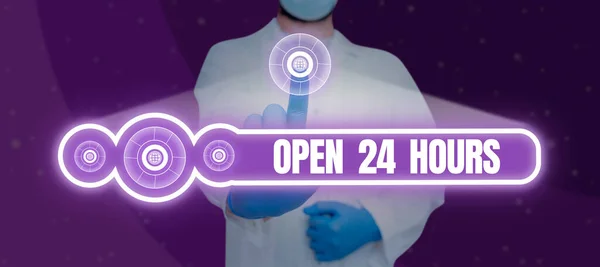 Text sign showing Open 24 Hours, Business overview Working all day everyday business store always operating Doctor Pressing With One Finger On Sign And Presenting Ideas In Search Bar.