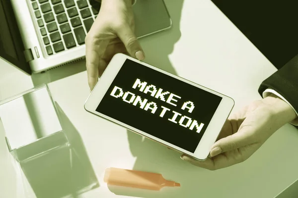 Conceptual display Make A Donation, Business showcase Donate giving things not used any more to needed showing Businesswoman Presenting Important Message On Mobile Phone Screen On Desk.