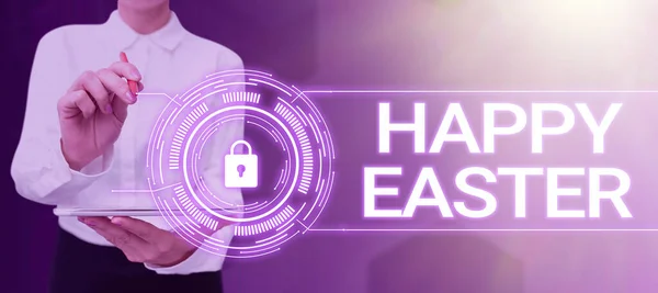 Text caption presenting Happy Easter, Conceptual photo Christian feast commemorating the resurrection of Jesus Businessman in suit holding open palm symbolizing successful teamwork.
