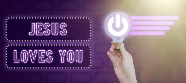 Conceptual caption Jesus Loves You, Business showcase Believe in the Lord To have faith religious person Woman Holding Bulb With Digital Power Button Sharing New Ideas.