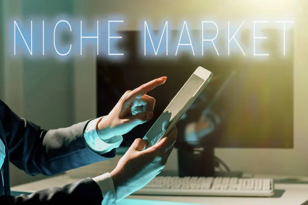 Text showing inspiration Niche Market, Business showcase Subset of the market on which specific product is focused Businesswoman Holding Tablet And Pointing With One Finger On Important News