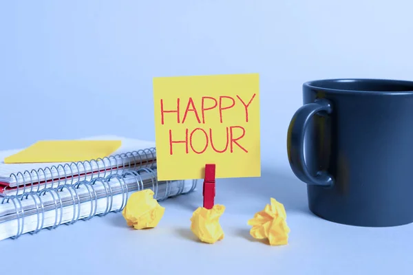 Inspiration Showing Sign Happy Hour Business Idea Spending Time Activities — Stok fotoğraf