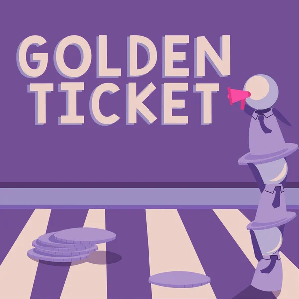 Text sign showing Golden Ticket, Business overview Rain Check Access VIP Passport Box Office Seat Event Robots Standing Over One Another And Showing Important News With Megaphone.