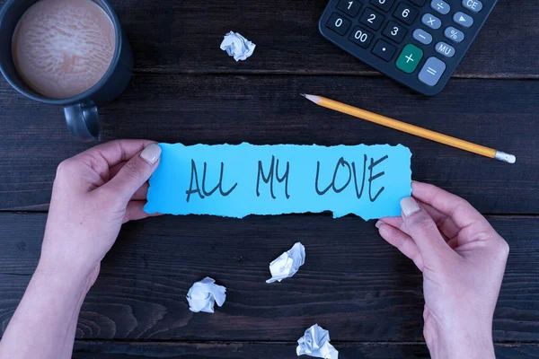 Text sign showing All My Love, Concept meaning The whole affection and good feeling for you Romance happiness Woman Hands Holding Blank Paper And Stationery Over Wooden Table.