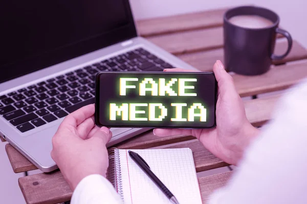 Text Sign Showing Fake Media Word Formation Held Brodcasters Which — Foto de Stock
