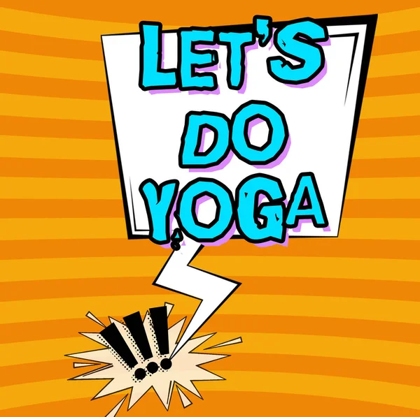 Hand writing sign Let S Is Do Yoga, Word Written on Right moment for working out by meditation and training Blank Thunderstorm Speech Bubble With Copy Space For Web Banner.