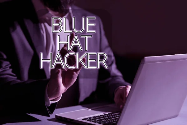 Text Sign Showing Blue Hat Hacker Business Showcase Person Consulting — Fotografia de Stock