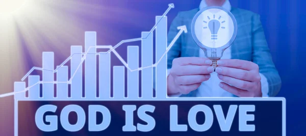 Writing displaying text God Is Love, Business showcase Believing in Jesus having faith religious thoughts Christianity Woman With Light Bulb Presenting Crucial Diagrams And Information.