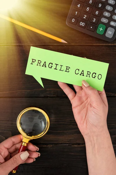 Hand Writing Sign Fragile Cargo Business Approach Breakable Handle Care — Fotografia de Stock