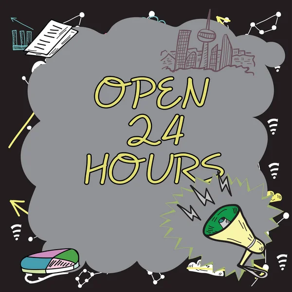 Text sign showing Open 24 Hours, Business overview Working all day everyday business store always operating Important Messages Presented In Frame With Megaphone, Chart And Skyline.