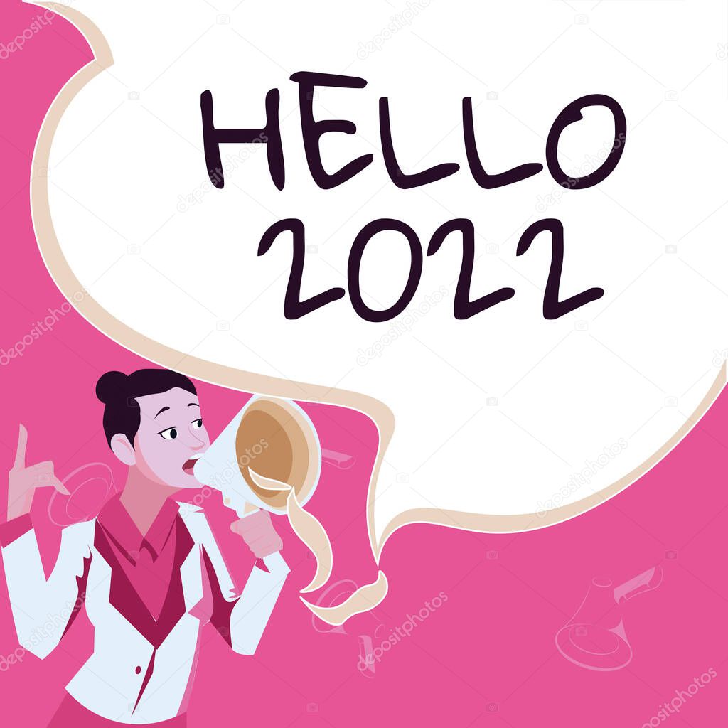Inspiration showing sign Hello 2022, Concept meaning Hoping for a greatness to happen for the coming new year Female leader holding a megaphone expressing encouraging ideas.