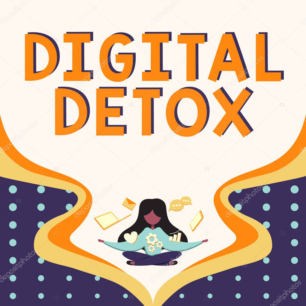 Text caption presenting Digital Detox, Word Written on Free of Electronic Devices Disconnect to Reconnect Unplugged Woman Surrounded With Technological Devices Presenting Future Advances.