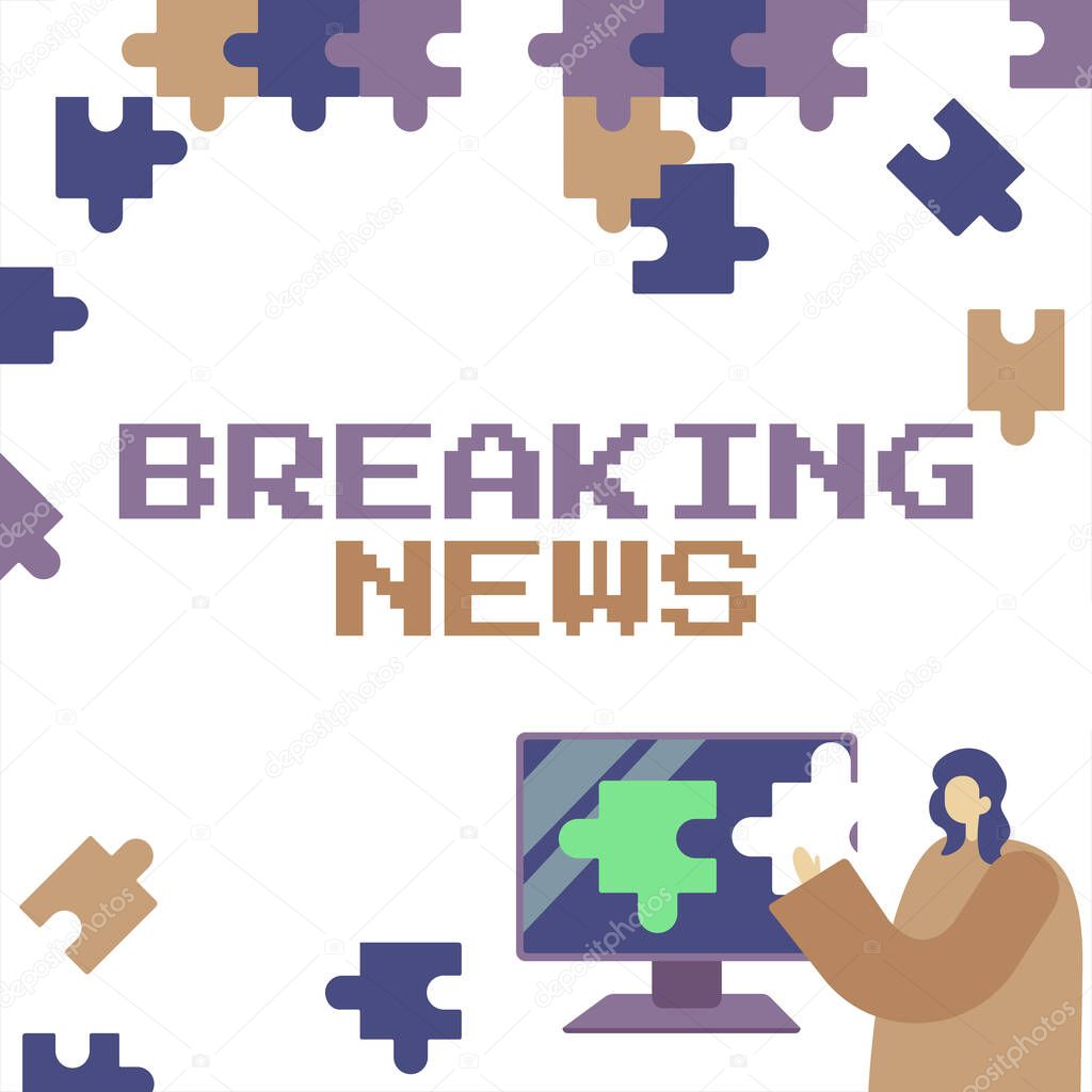 Text sign showing Breaking News, Business overview Special Report Announcement Happening Current Issue Flashnews Lady Holding Puzzle Piece Representing Innovative Problem Solving Ideas.