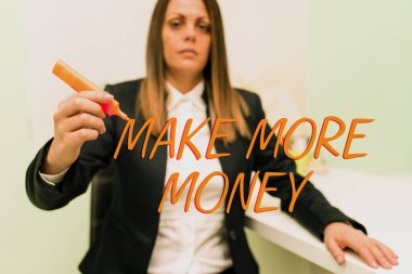 Inspiration showing sign Make More Money, Word Written on Increase your incomes salary benefits Work harder Ambition Businesswoman Holding Marker With One Hand And Pointing Important Ideas.