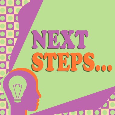 Conceptual caption Next Steps , Conceptual photo numper of process going to be made after current one planning Head With Illuminated Light Bulb With Showing Technology Ideas.