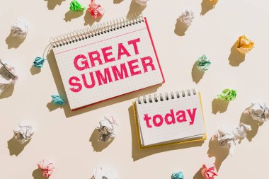 Text showing inspiration Great Summer, Business showcase Having Fun Good Sunshine Going to the beach Enjoying outdoor Notebooks With Important Messages Surrounded By Paper Wraps.