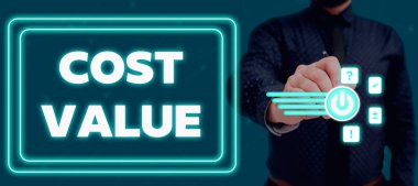 Handwriting text Cost Value, Conceptual photo The amount that usualy paid for a item you buy or hiring a person Lady in suit holding pen symbolizing successful teamwork accomplishments.