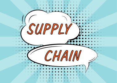 Text sign showing Supply Chain, Business approach System of organization and processes from supplier to consumer Cloud And Oval Blank Speech Bubbles Representing Connecting To People.